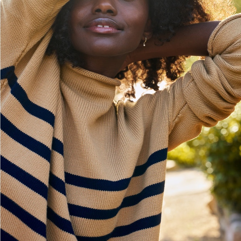 Frank Eileen Sweater Monterey Striped Rolled Funnel Neck Chunky Knit Pullover XS - Picture 5 of 8